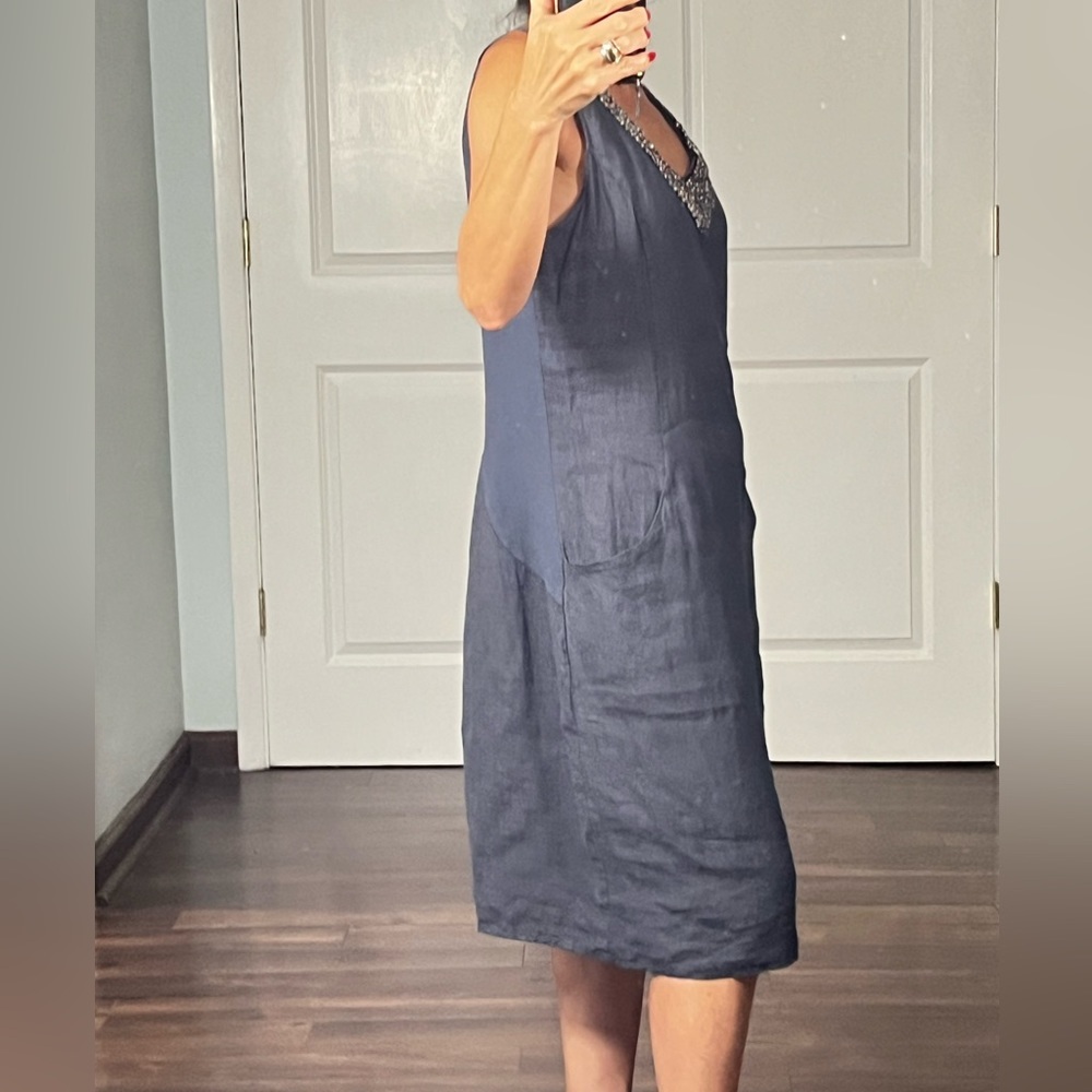Lina Tomei 100% linen beaded neckline shirt dress size S - Picture 4 of 15
